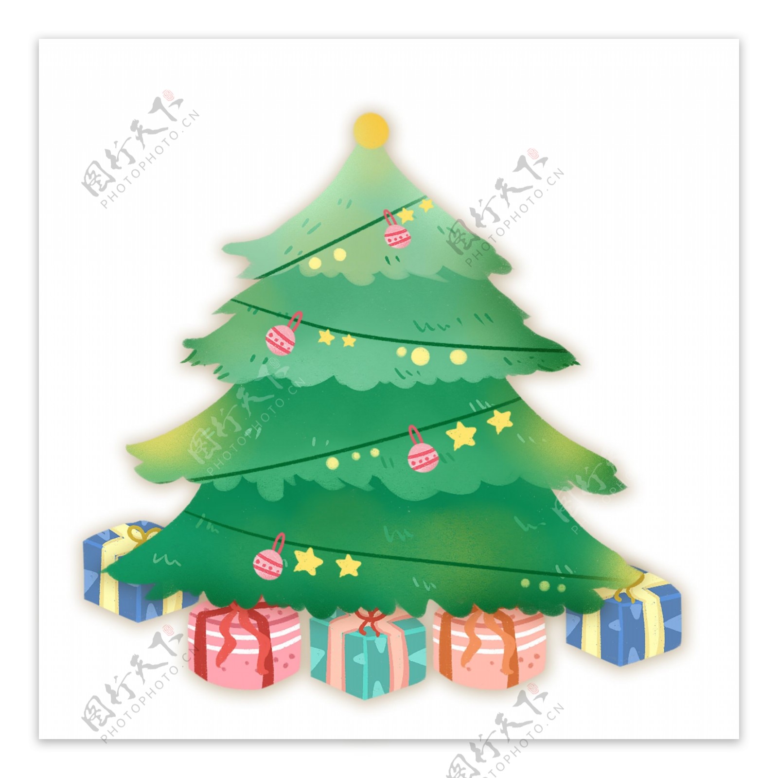 手绘圣诞树和一堆礼物设计