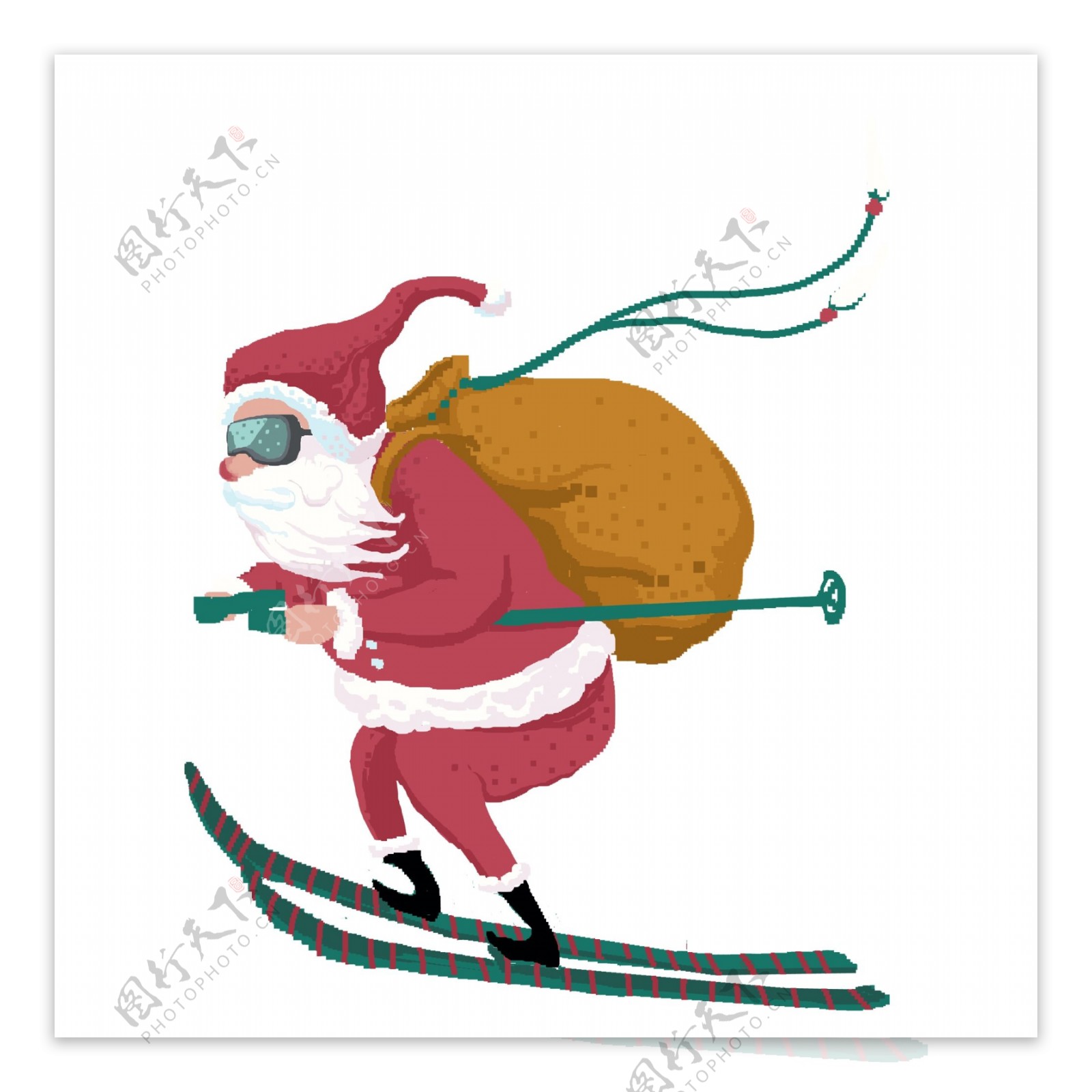 可爱滑雪的圣诞老人80年代复古像素化设计可商用元素