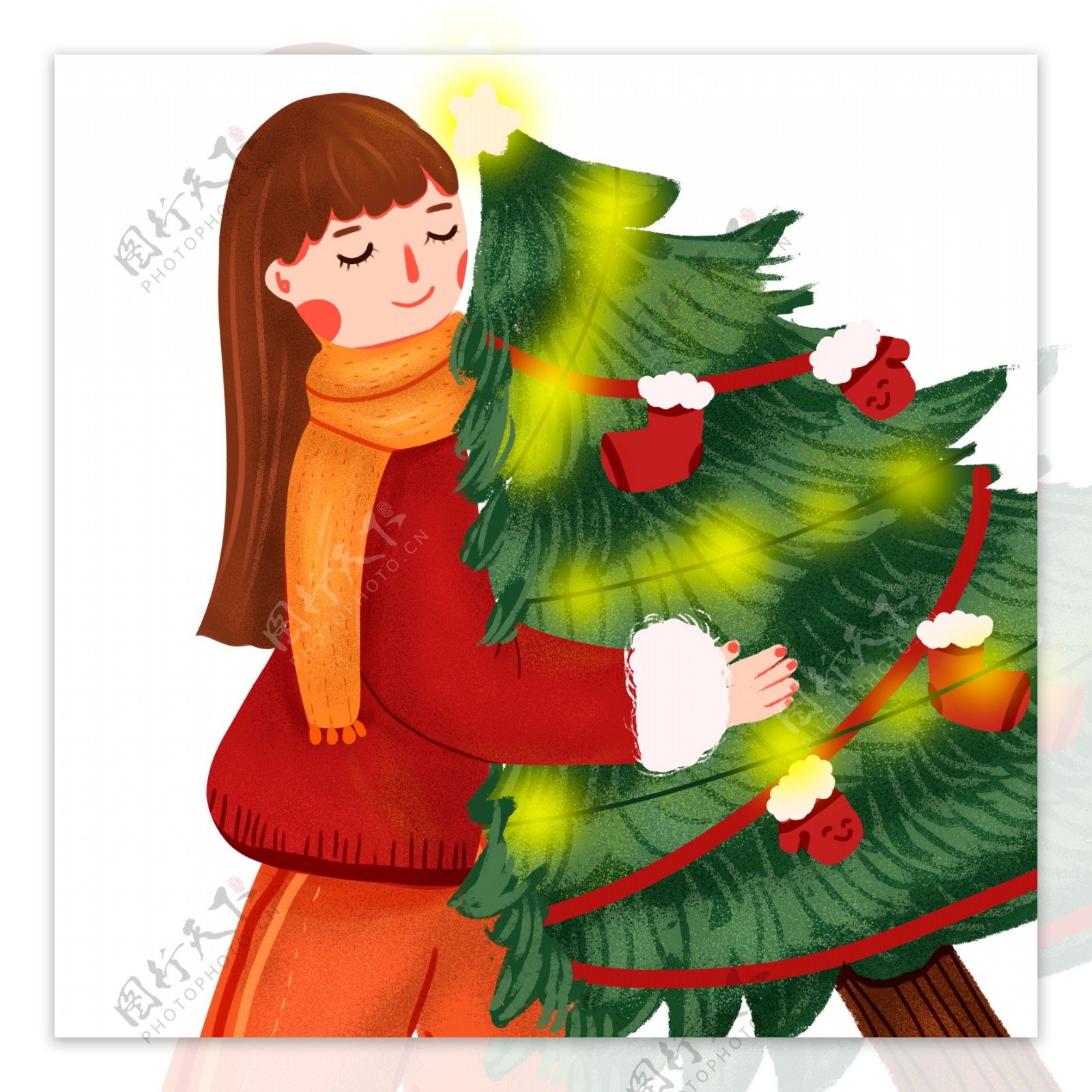 圣诞节抱着圣诞树的女孩