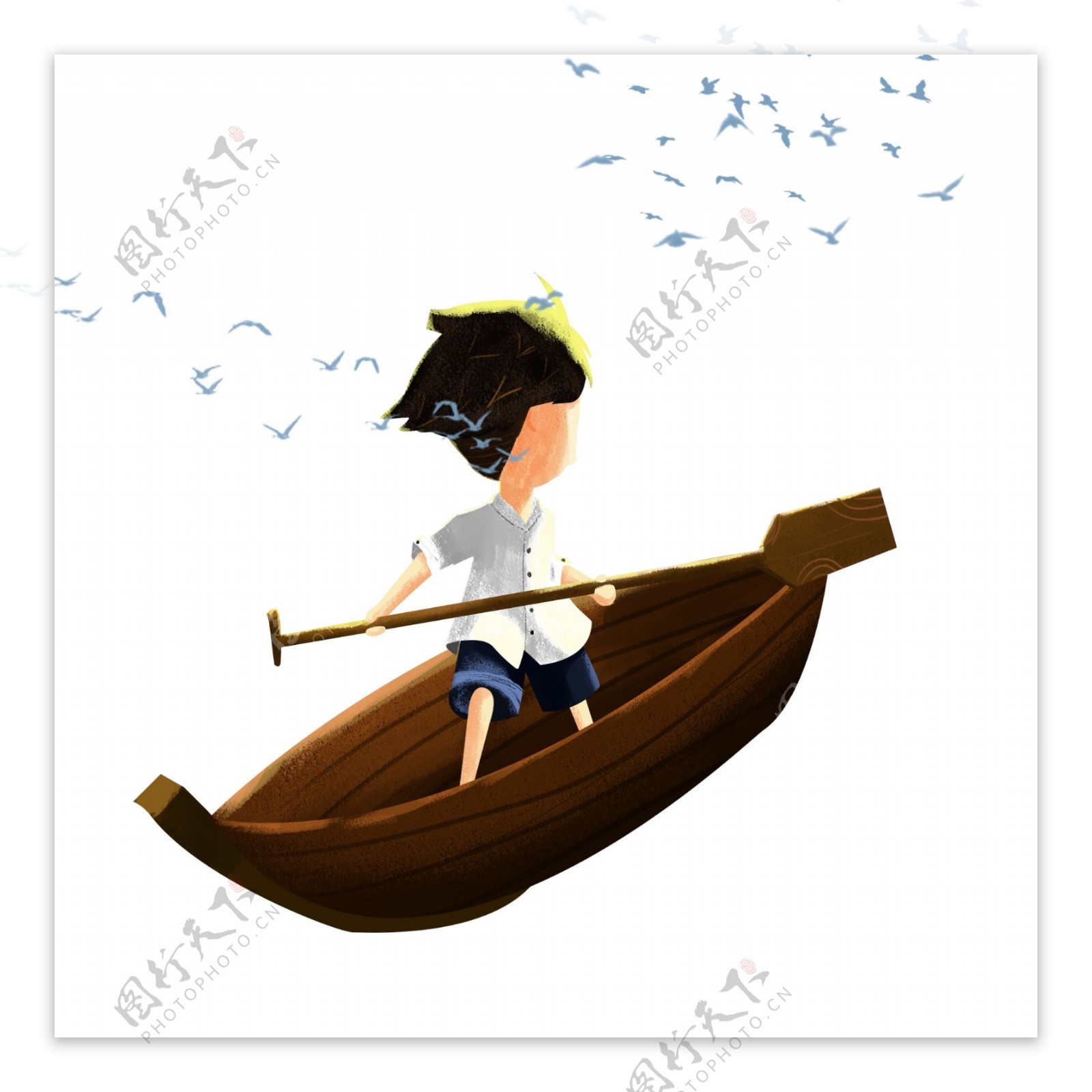 手绘划船的男孩插画人物