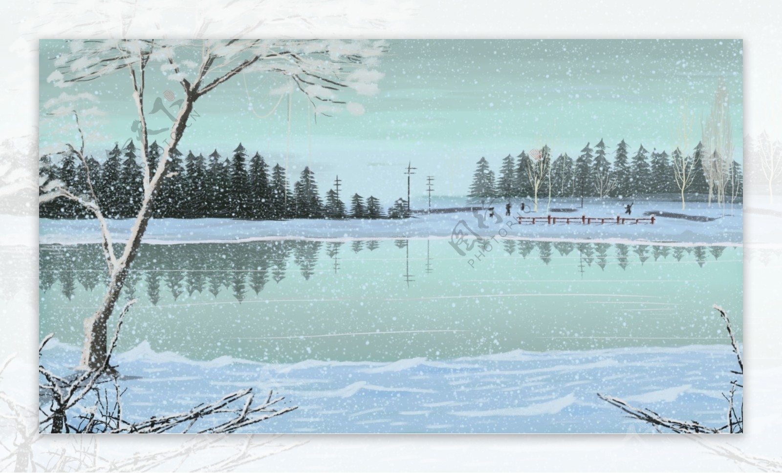 手绘小清新冬季河边雪景背景