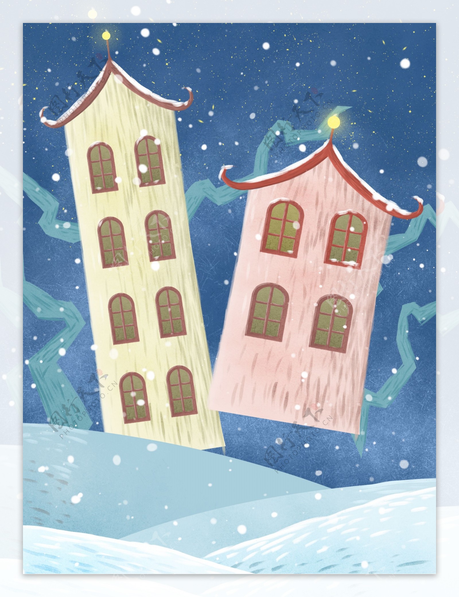 蓝色浪漫圣诞房屋宣传展板背景