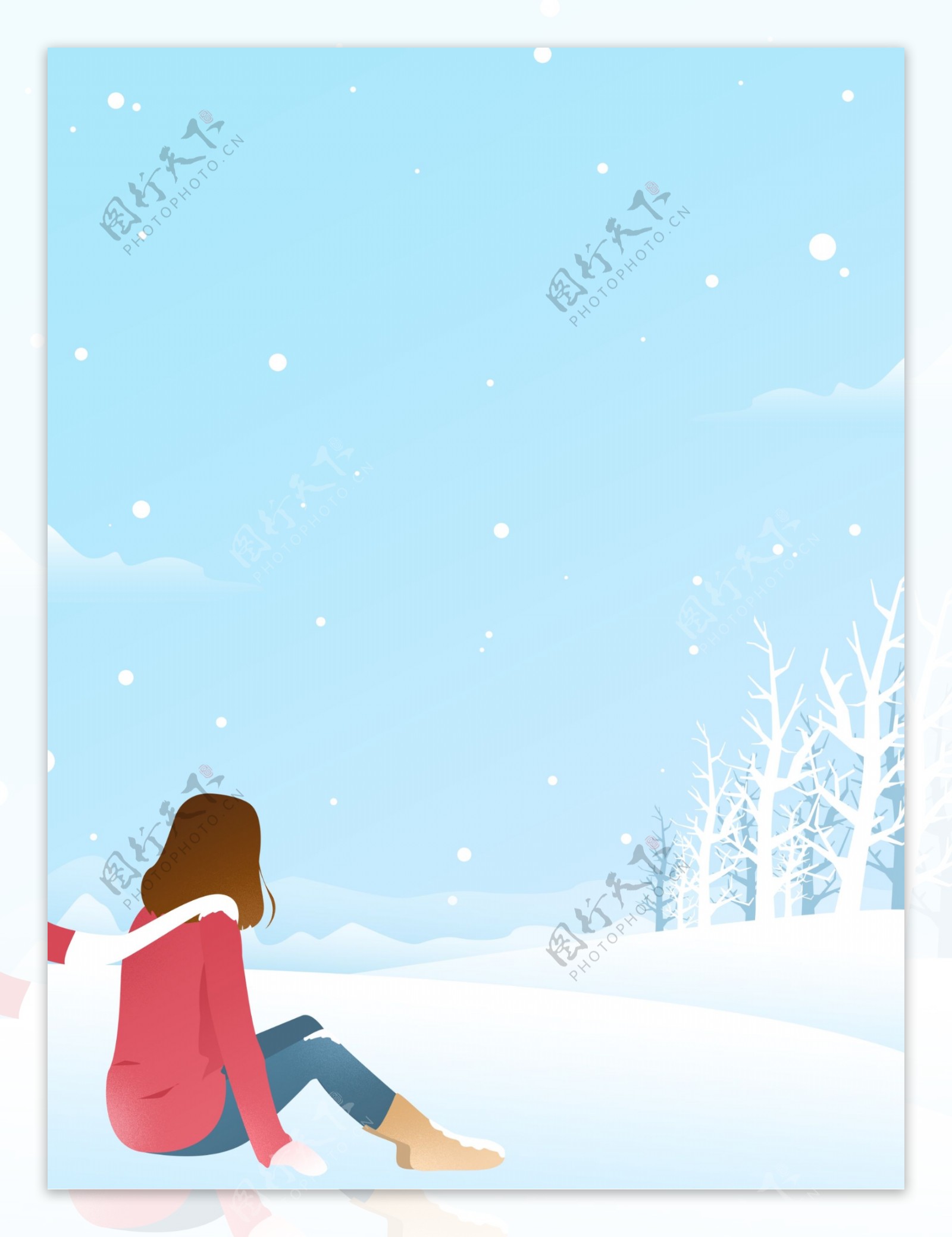 唯美小清新坐在雪地上的女孩冬季背景素材