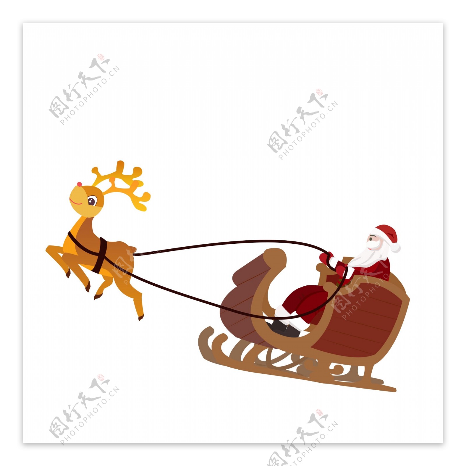 手绘驯鹿拉着雪橇和圣诞老人