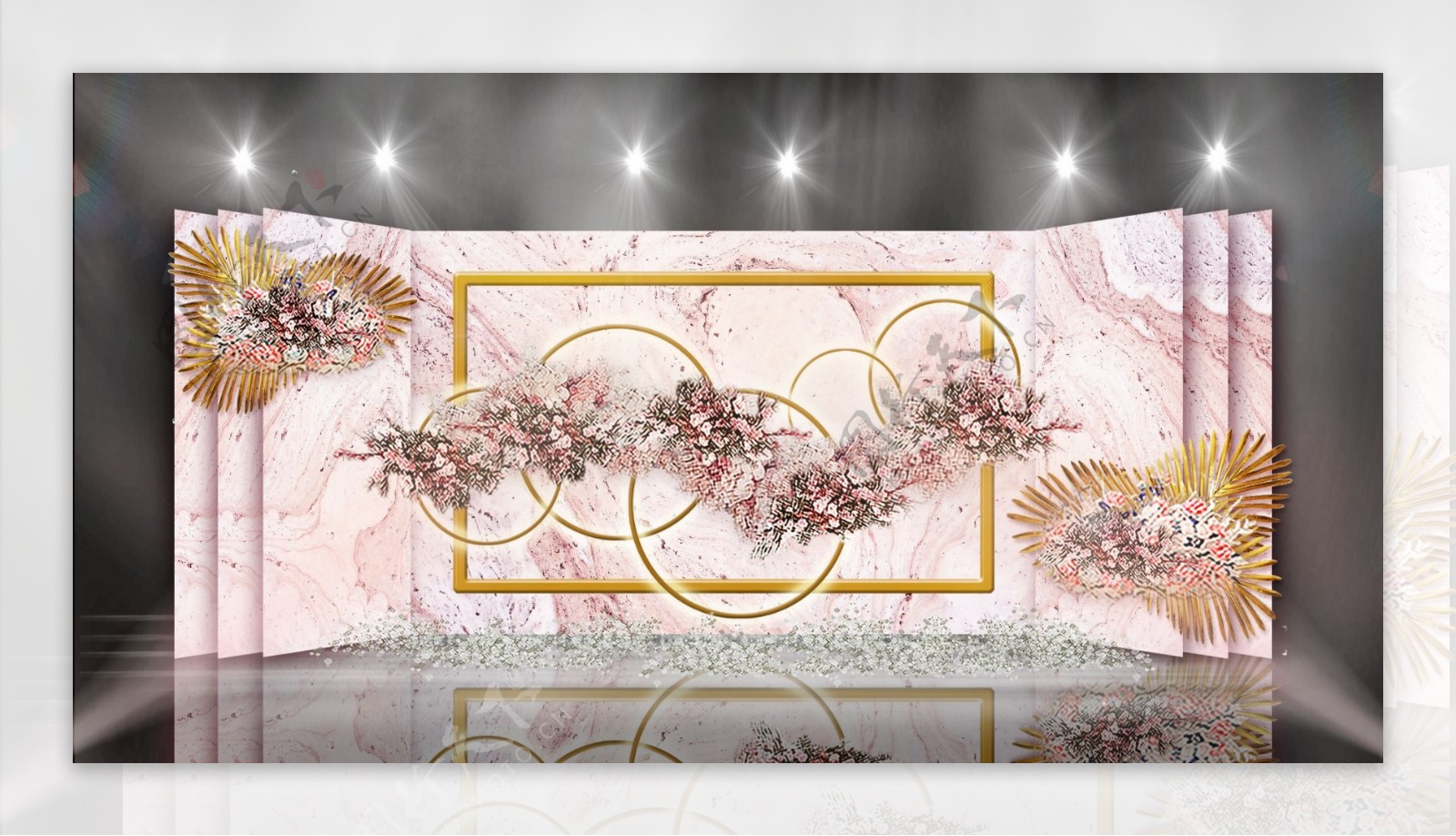 粉色复式背景金框环扣葵叶装饰婚礼效果图