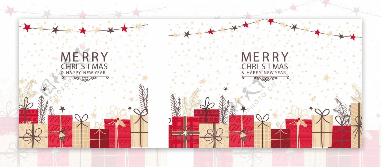 手绘带红色和米色礼品盒的圣诞背景