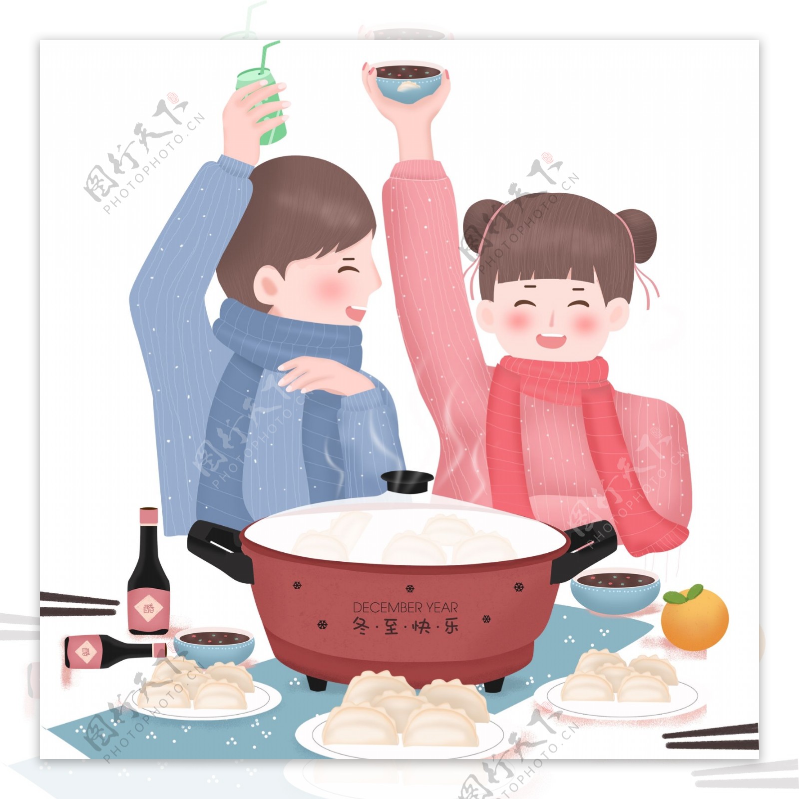 小清新冬季吃饺子的小情侣手绘设计
