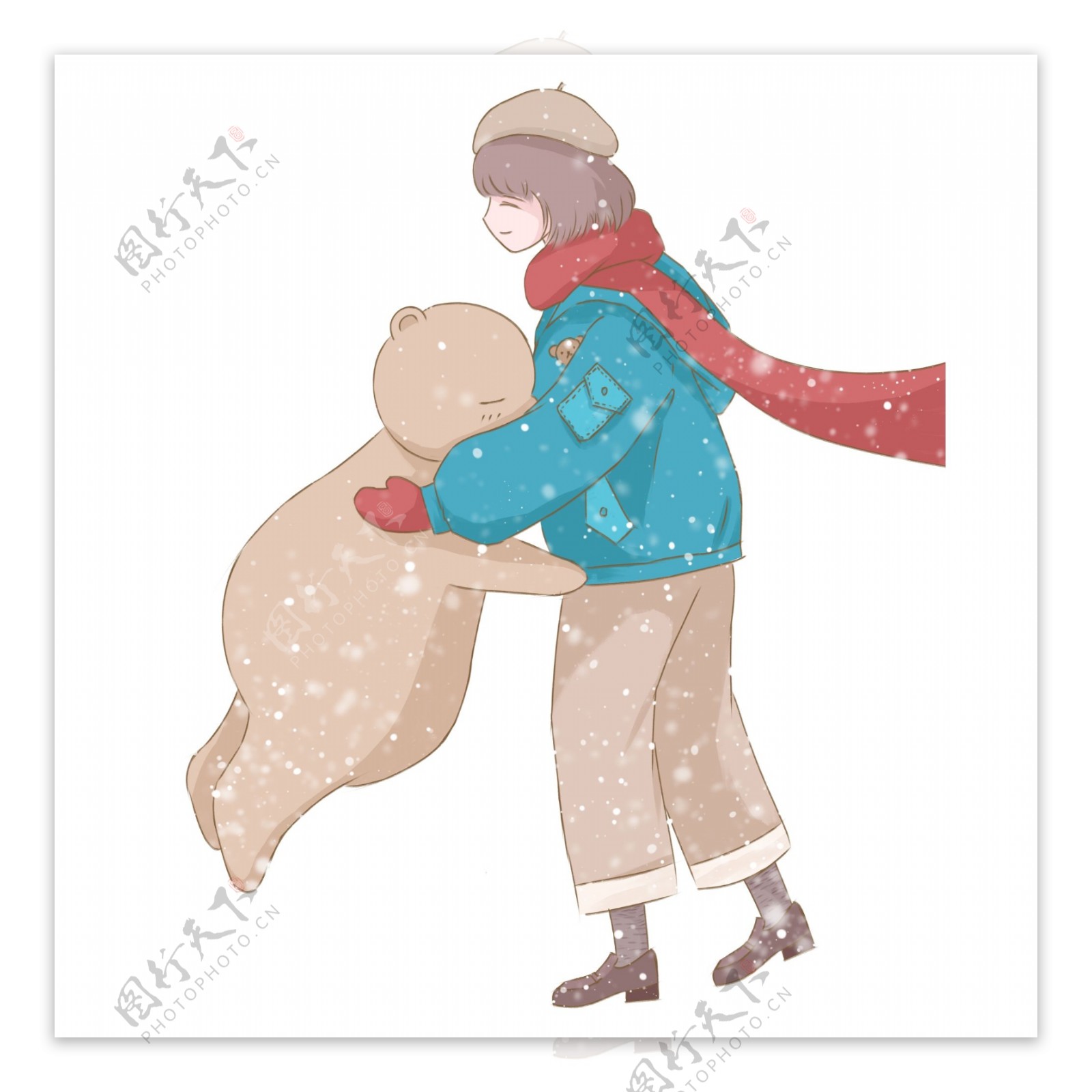 冬季大雪中抱着熊的女孩治愈系设计