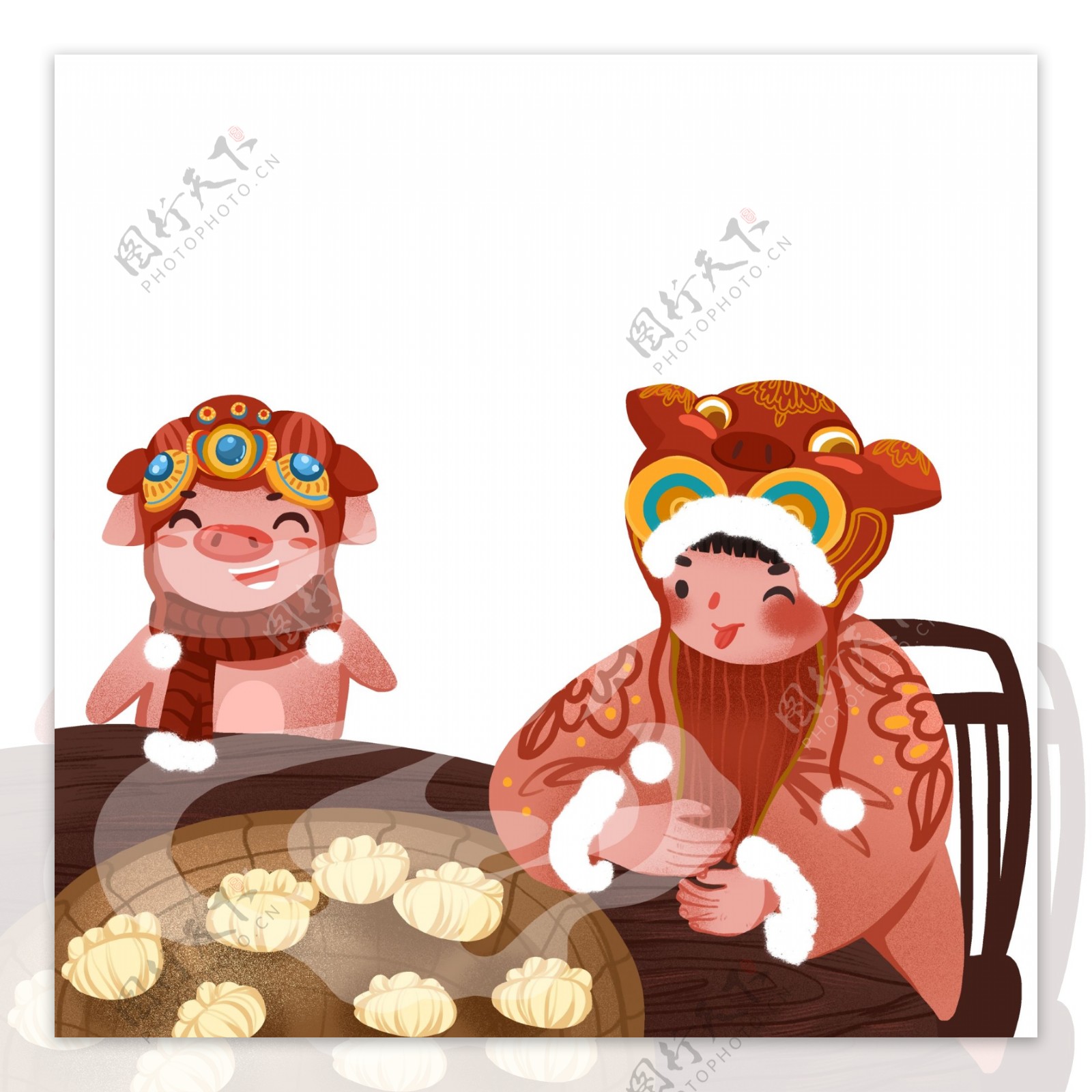 过年吃饺子的小女孩和卡通小猪设计
