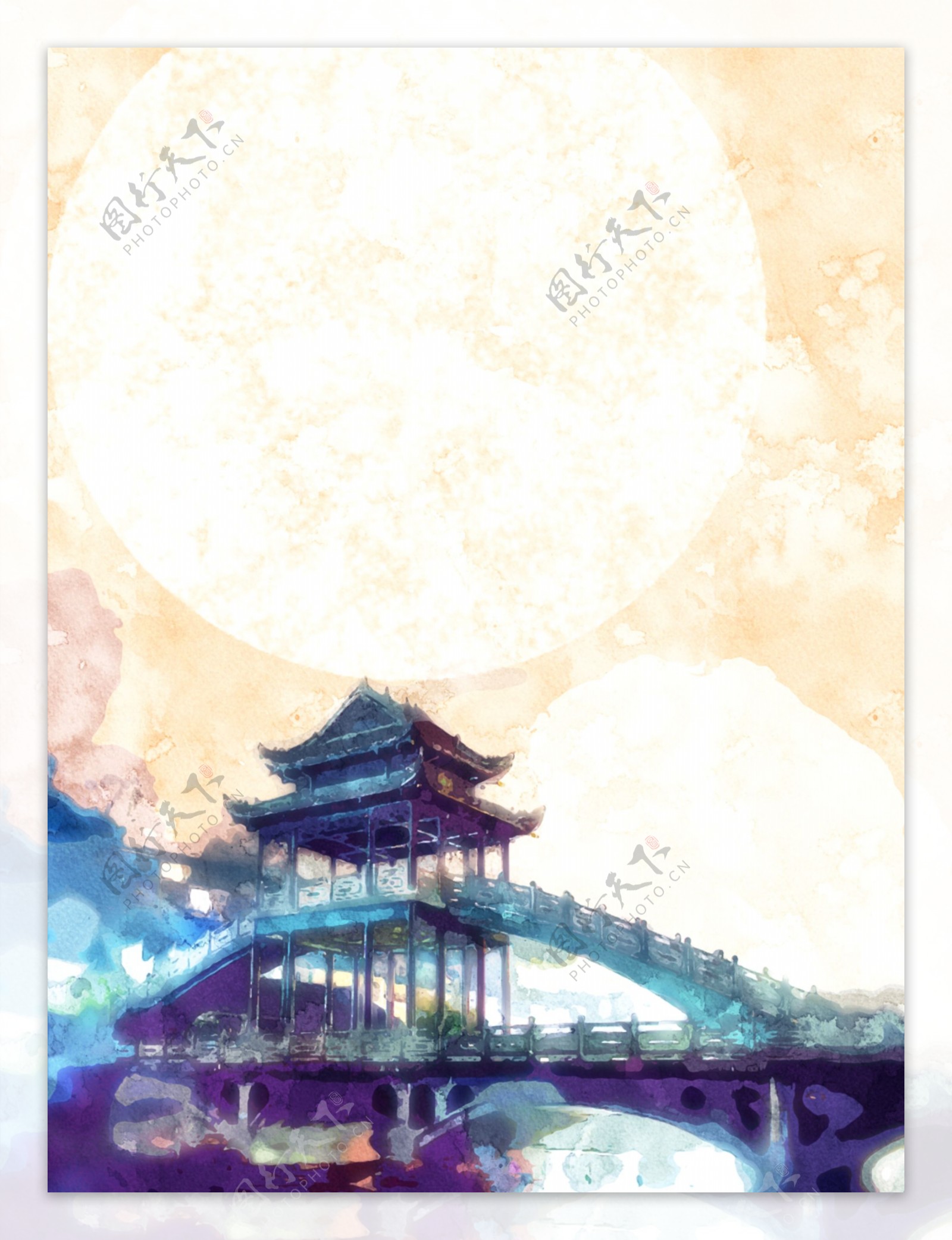 全原创手绘中国古风水彩小桥阁楼背景