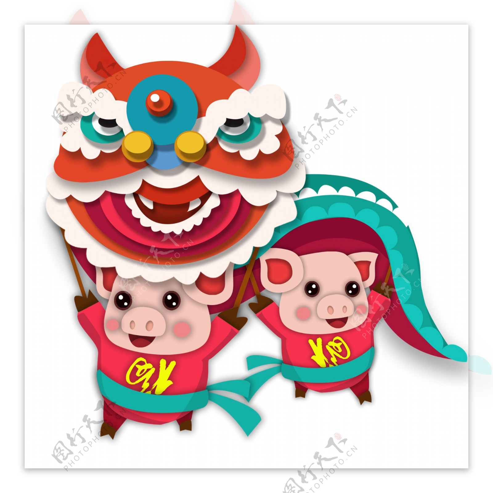 喜庆春节舞狮舞龙的两只猪设计