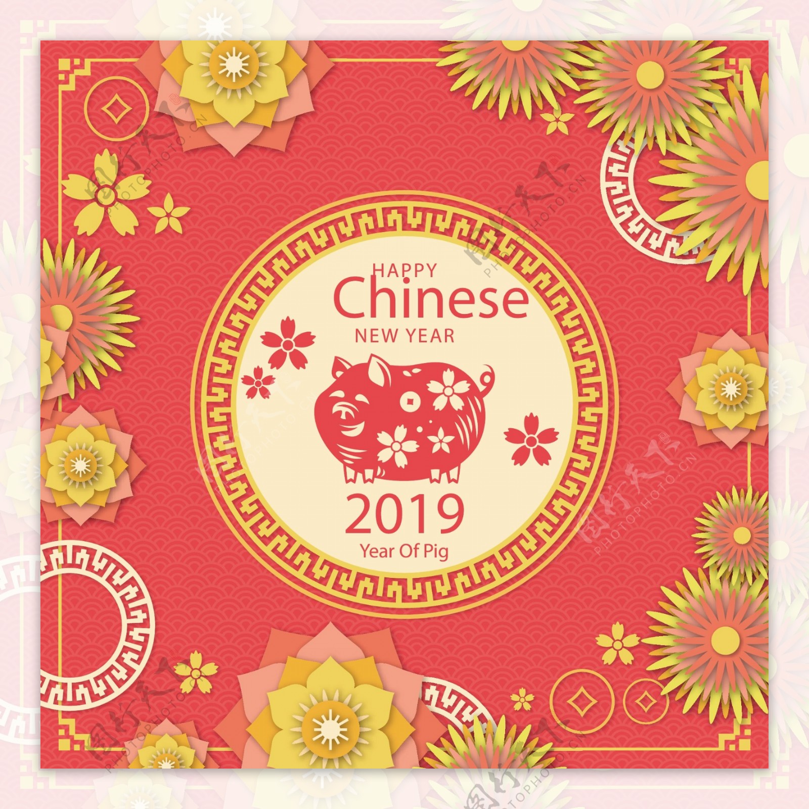2019金色花卉剪纸元素海报