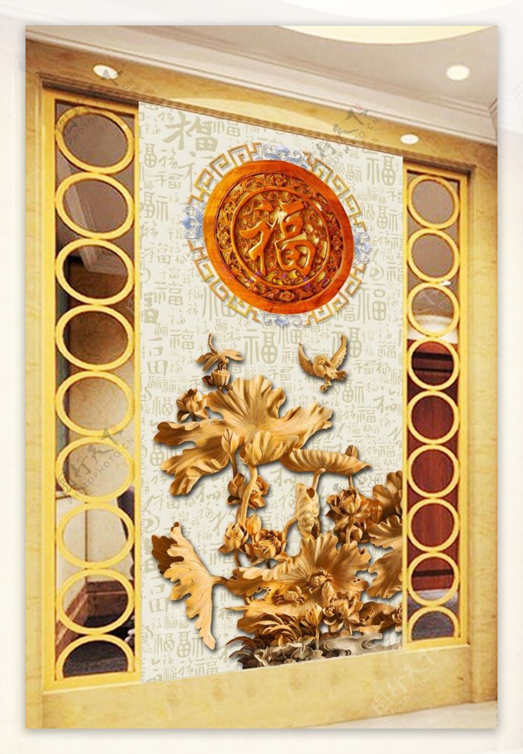 3D木雕荷花百福图中式古典玄关