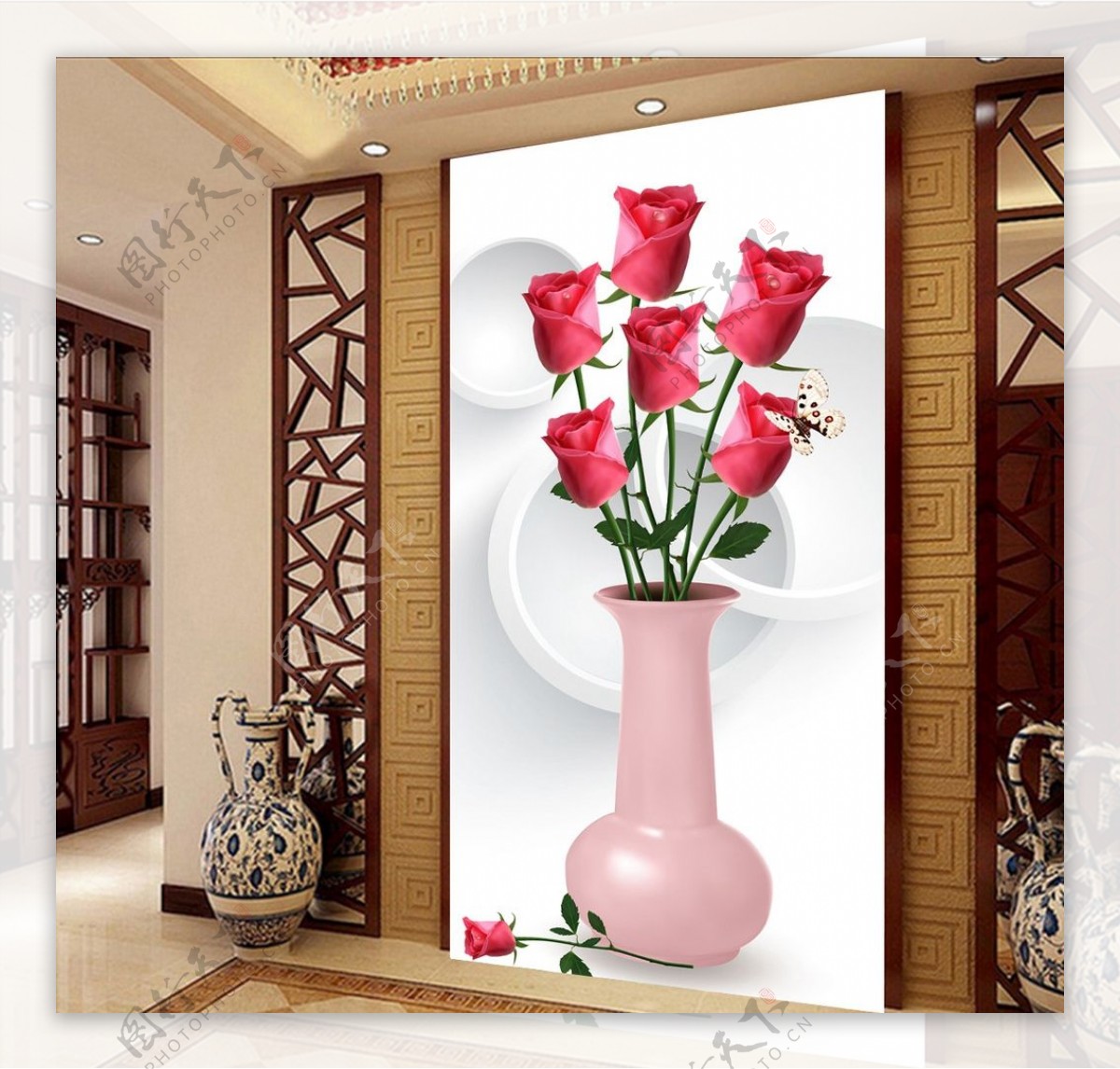 3D立体花瓶玫瑰花玄关