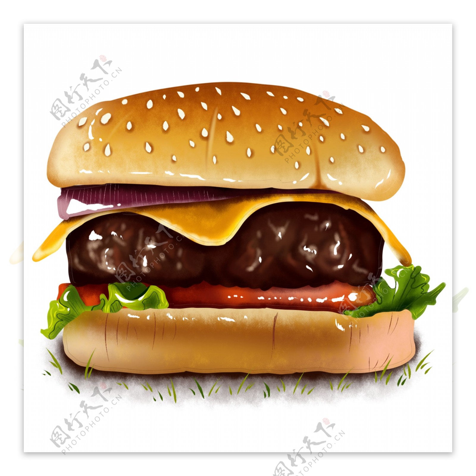 原创手绘快餐汉堡牛肉生菜食物芝士西红柿