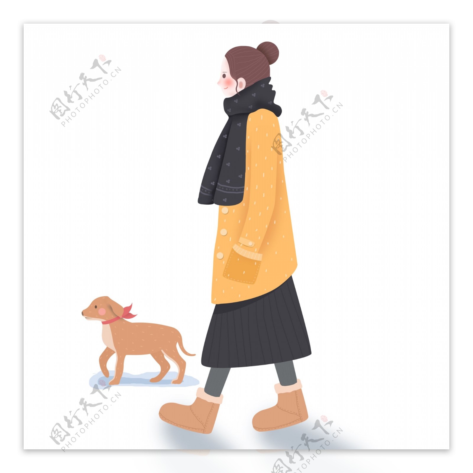 冬季女孩和小狗散步