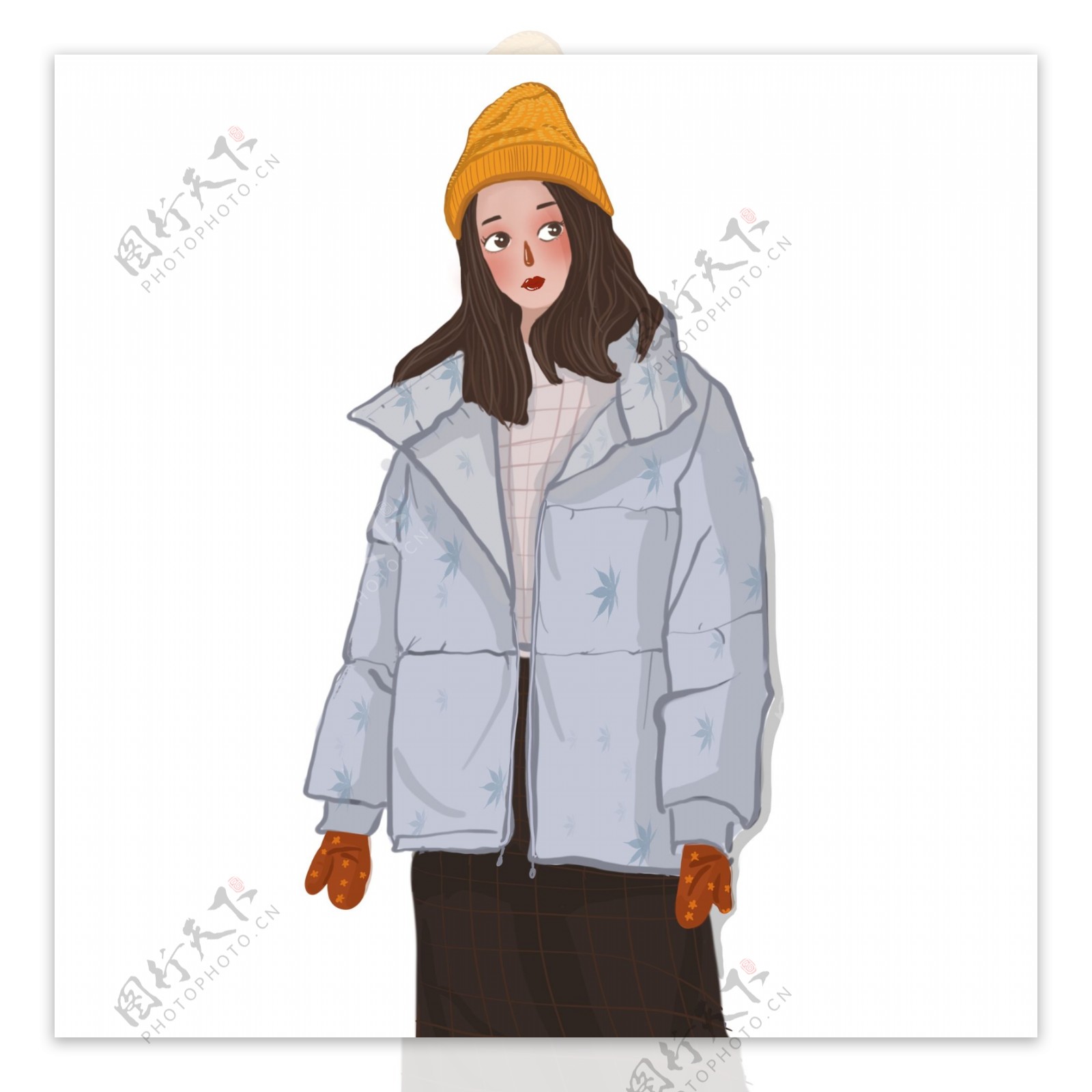 温暖冬季穿着羽绒服带着手套的女孩