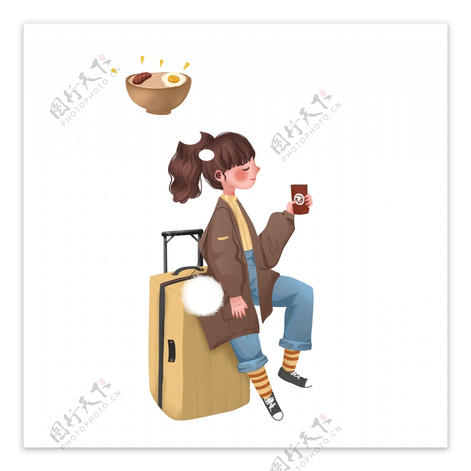 手绘拉着行李箱喝咖啡的女孩人物设计