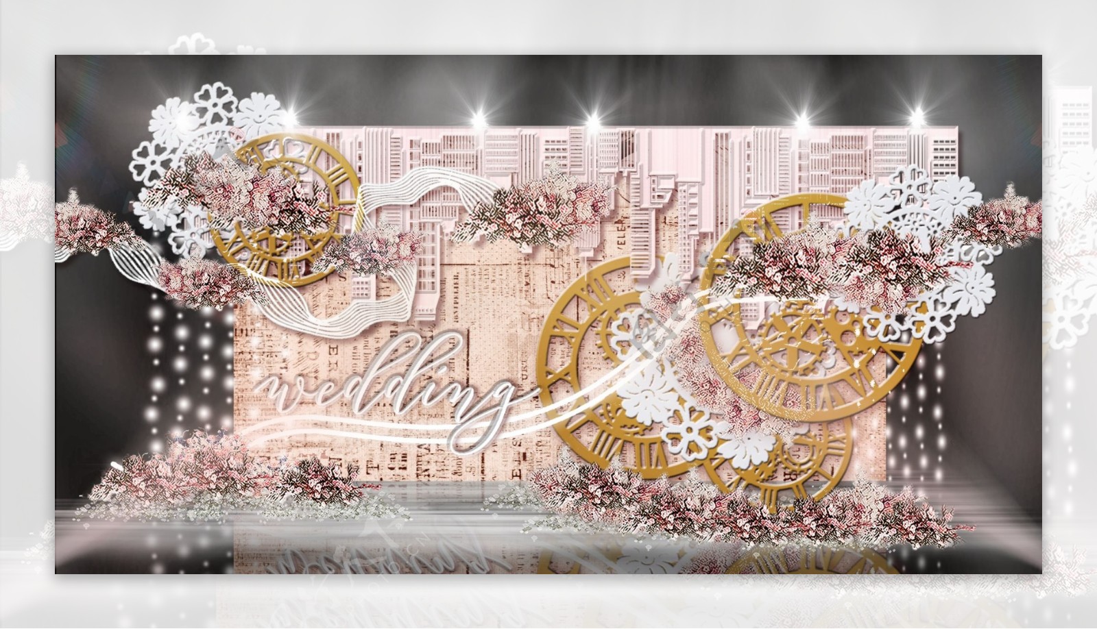 粉色城市吊饰金色齿轮雕塑流线感婚礼效果图