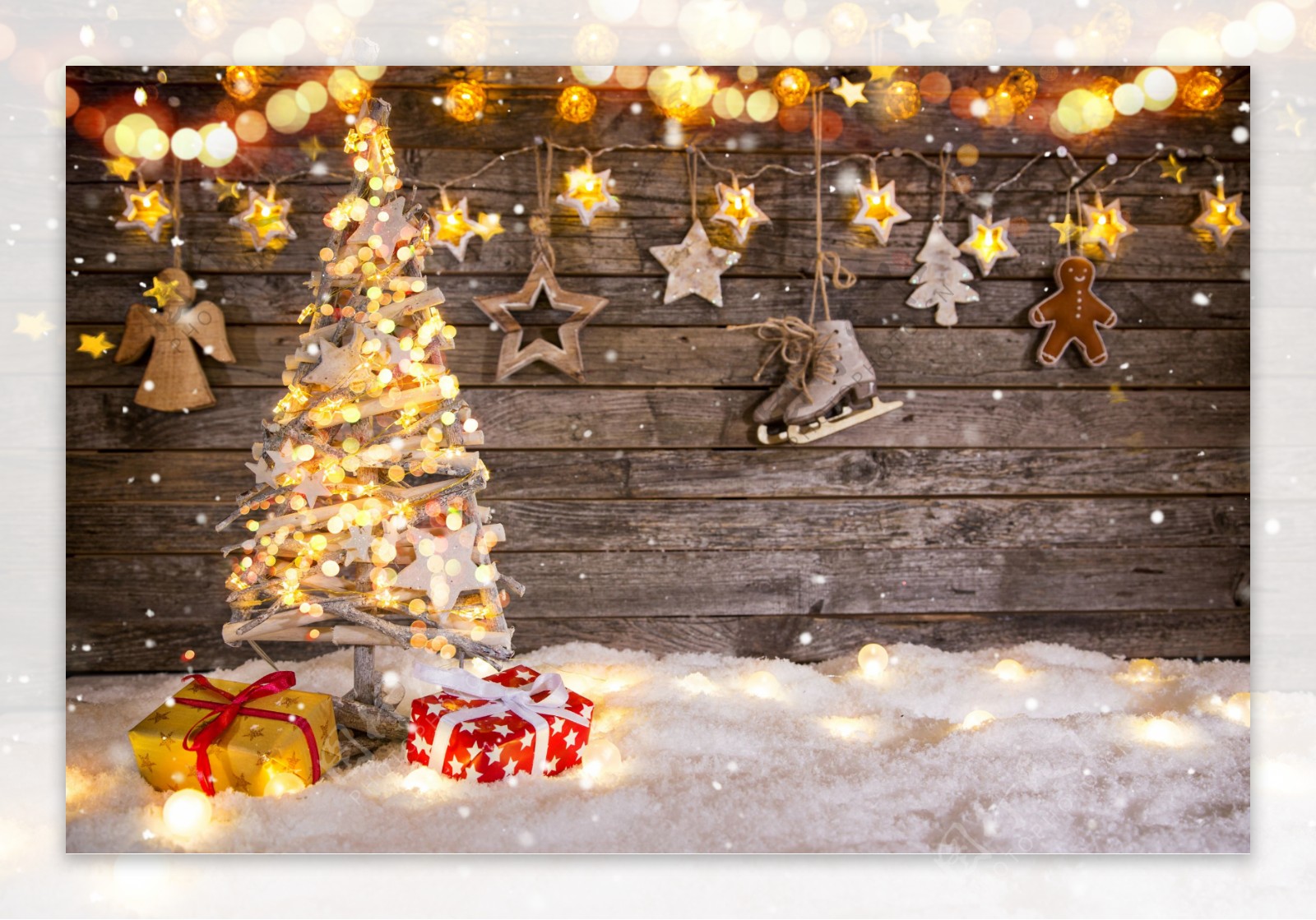新年墙木板圣诞树冰鞋礼物圣诞灯