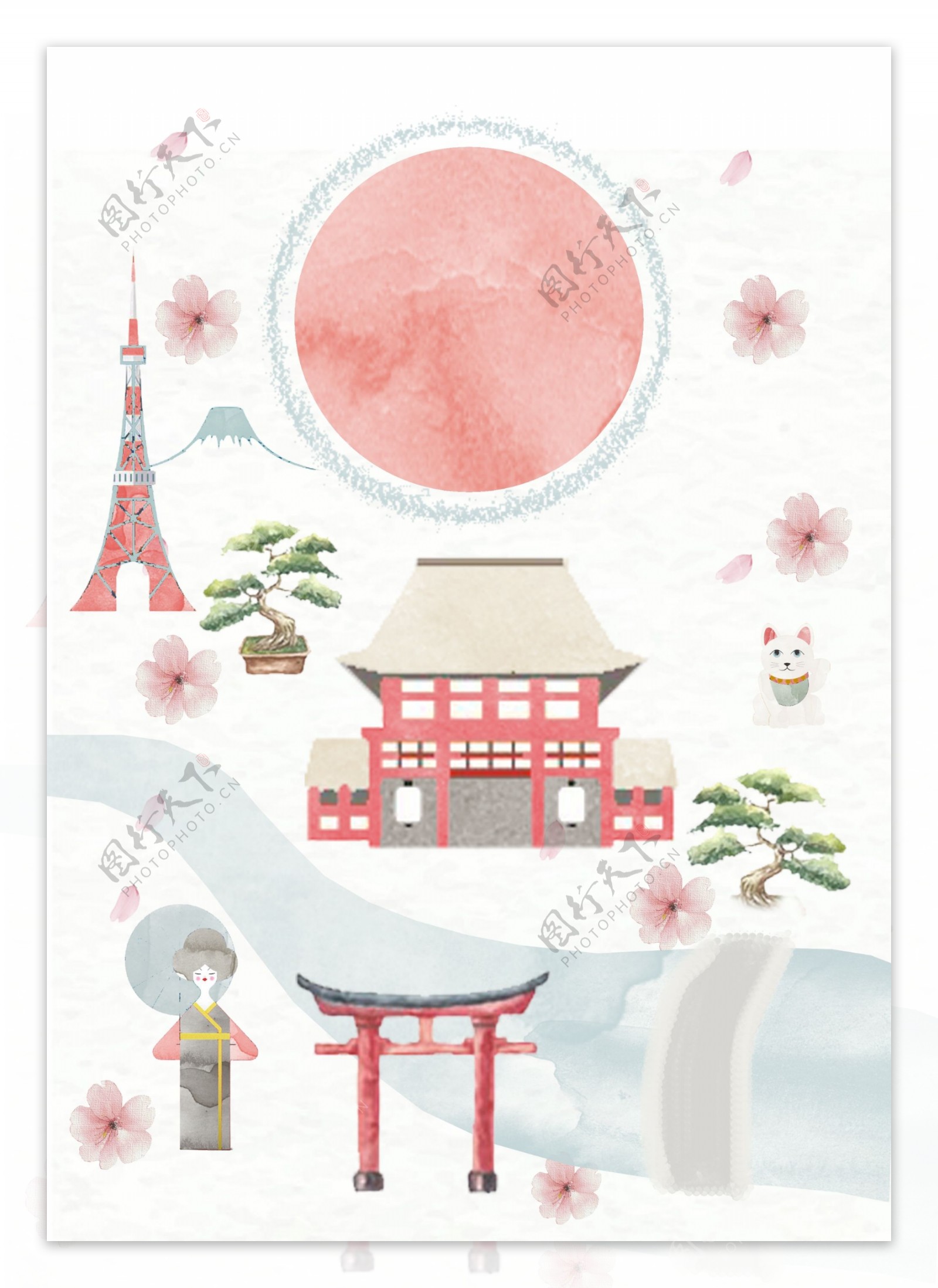 手绘可爱日本风景广告背景