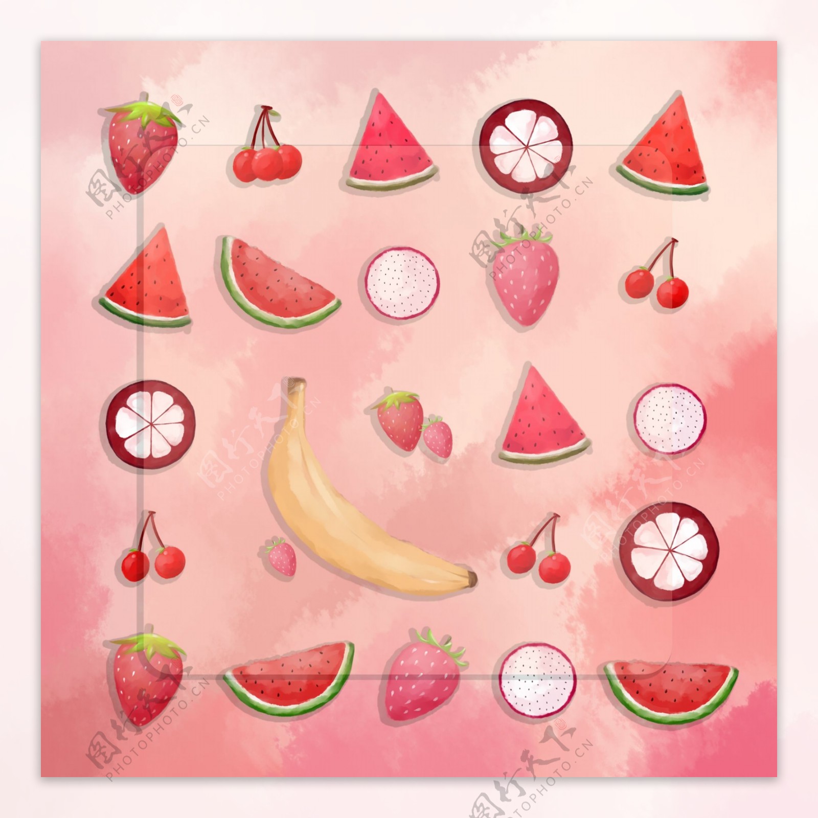 手绘小清新水果香蕉草莓樱桃热带水果背景