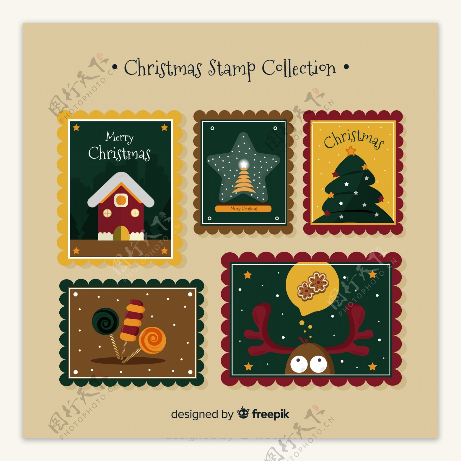 5款彩绘圣诞邮票设计矢量素材