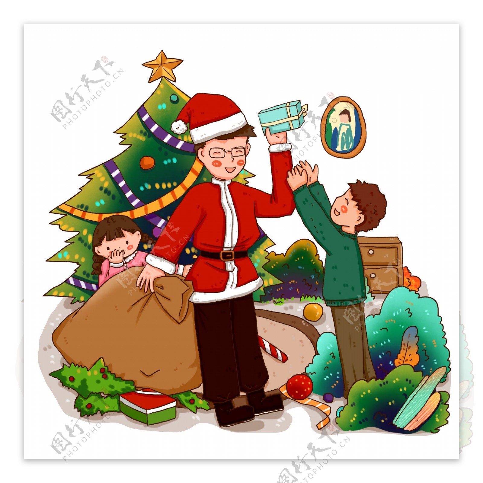 圣诞节爸爸扮圣诞老人送礼物温馨亲子免抠元素