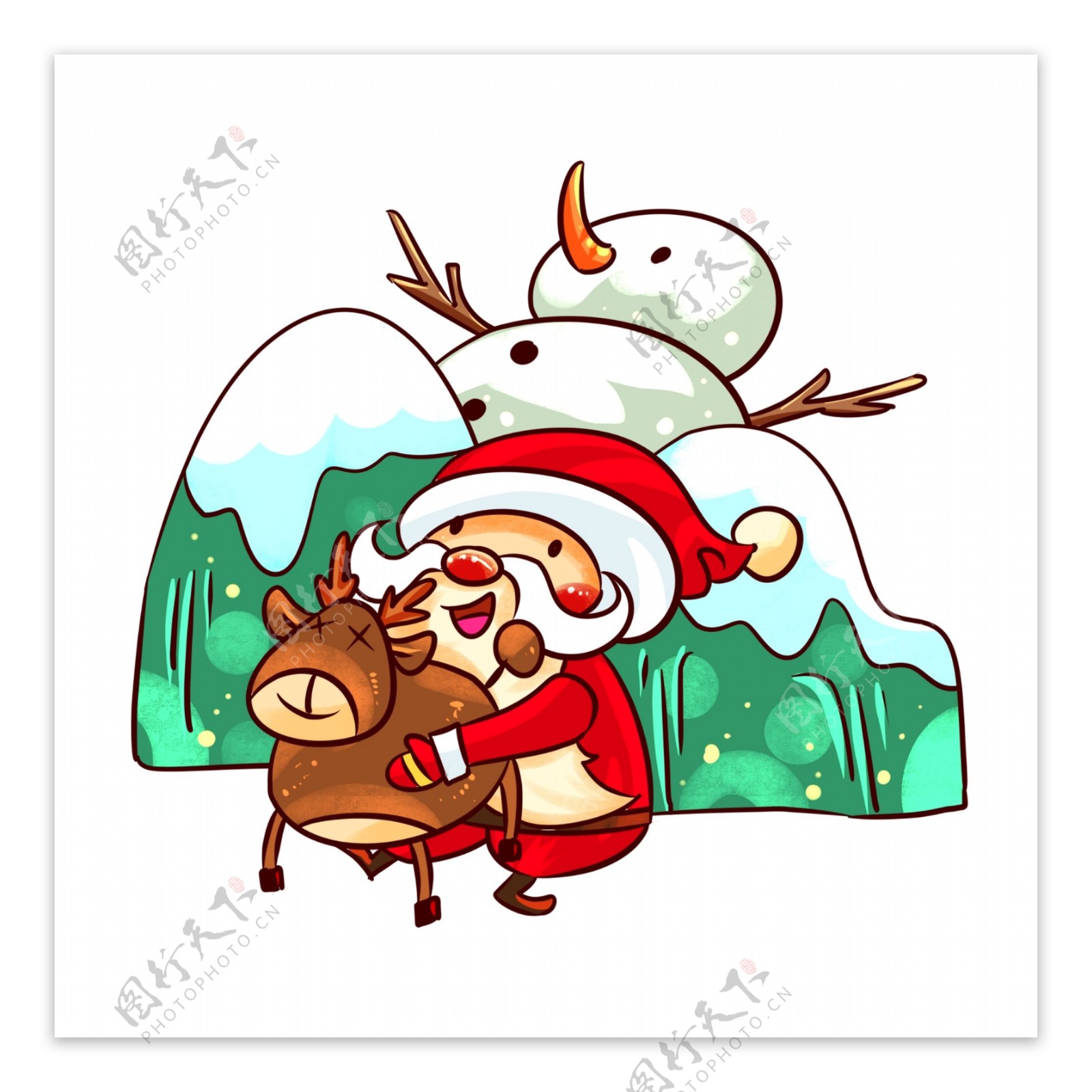 圣诞节圣诞老人抱着麋鹿手绘插画