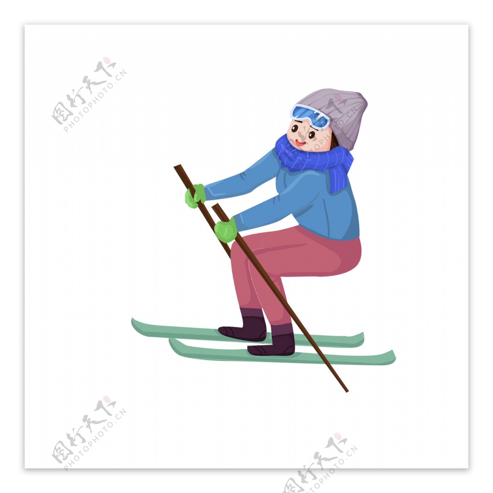 卡通户外运动滑雪的女孩
