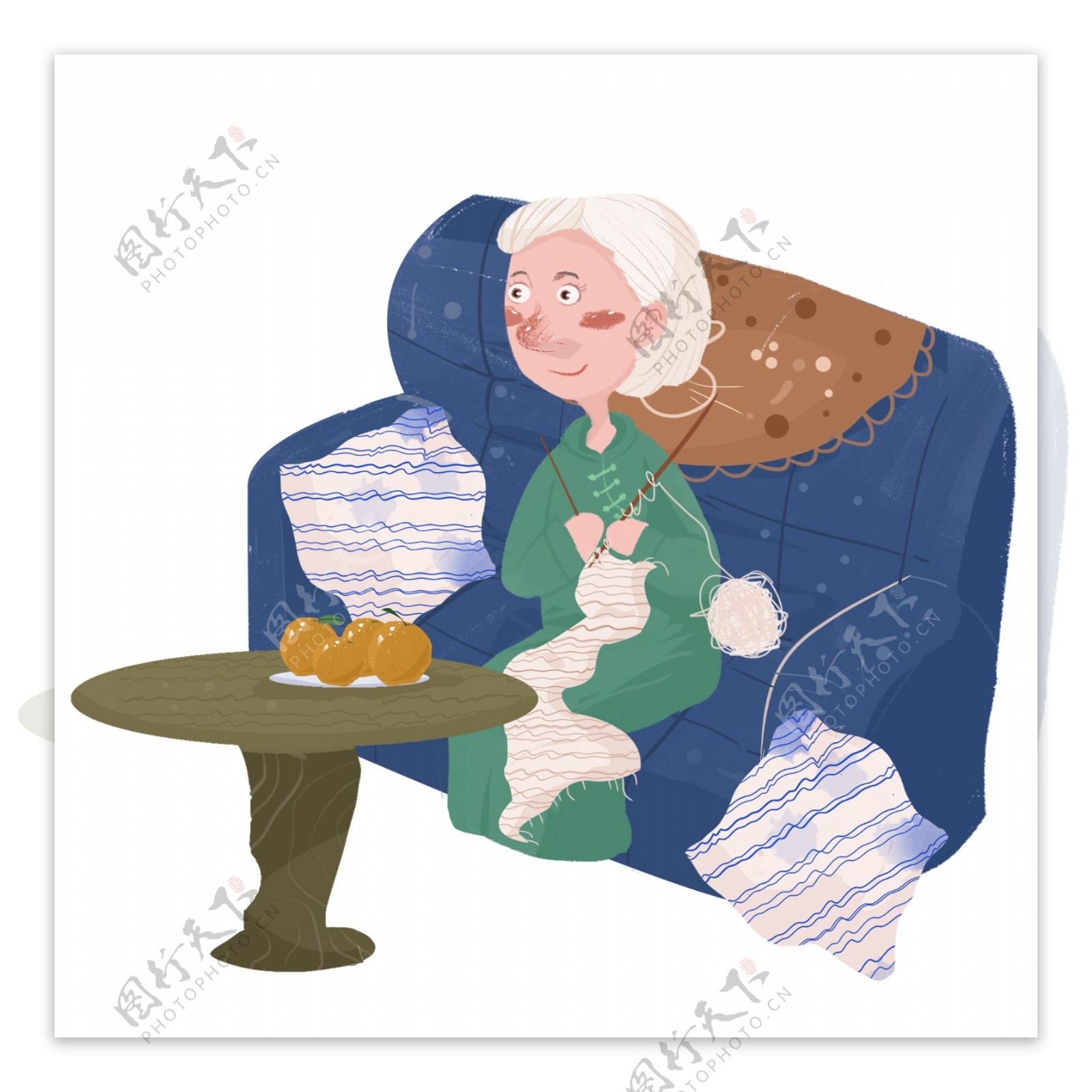 手绘在沙发上织毛衣的奶奶人物设计