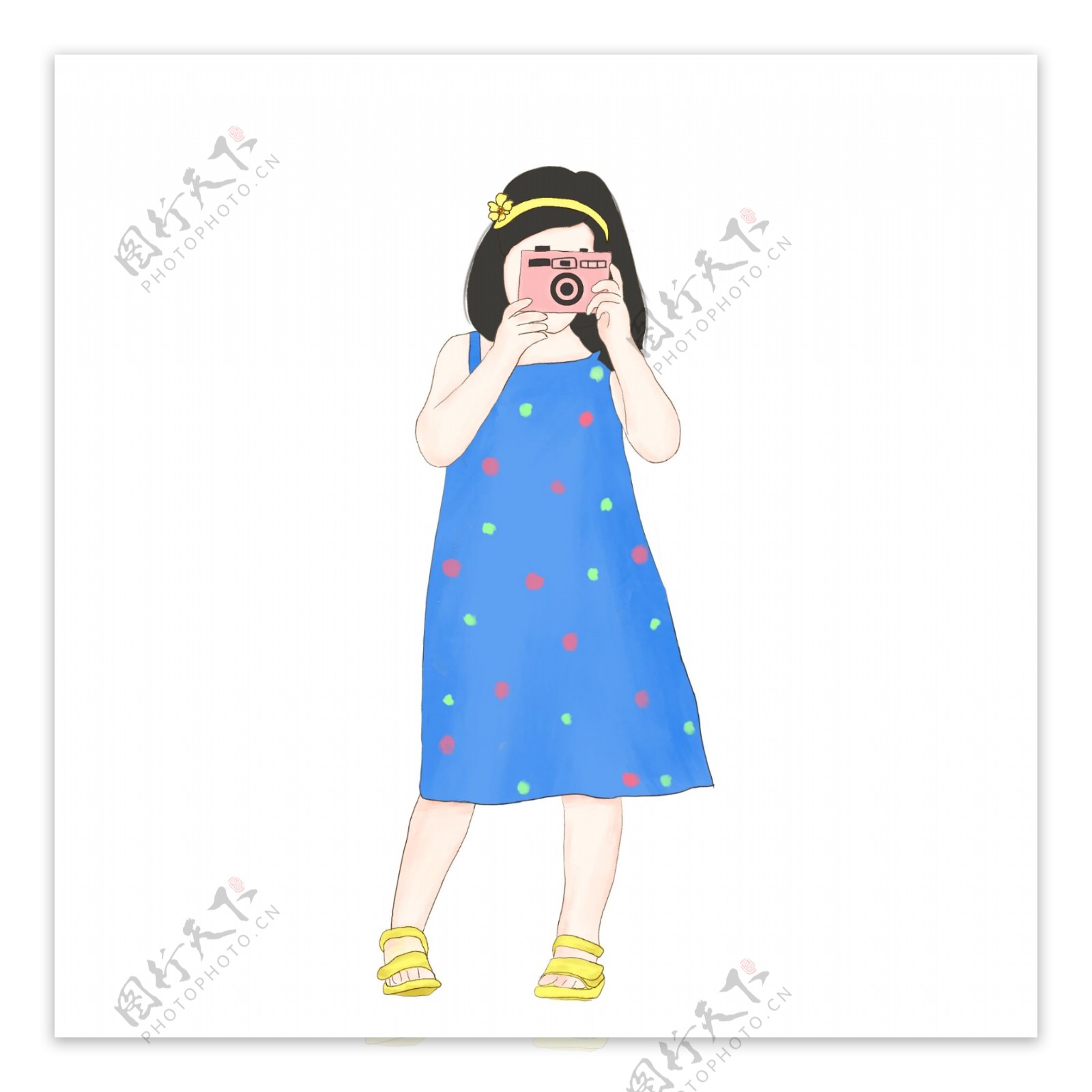 六一儿童节蓝色卡通手绘穿裙子拿相机的小女孩