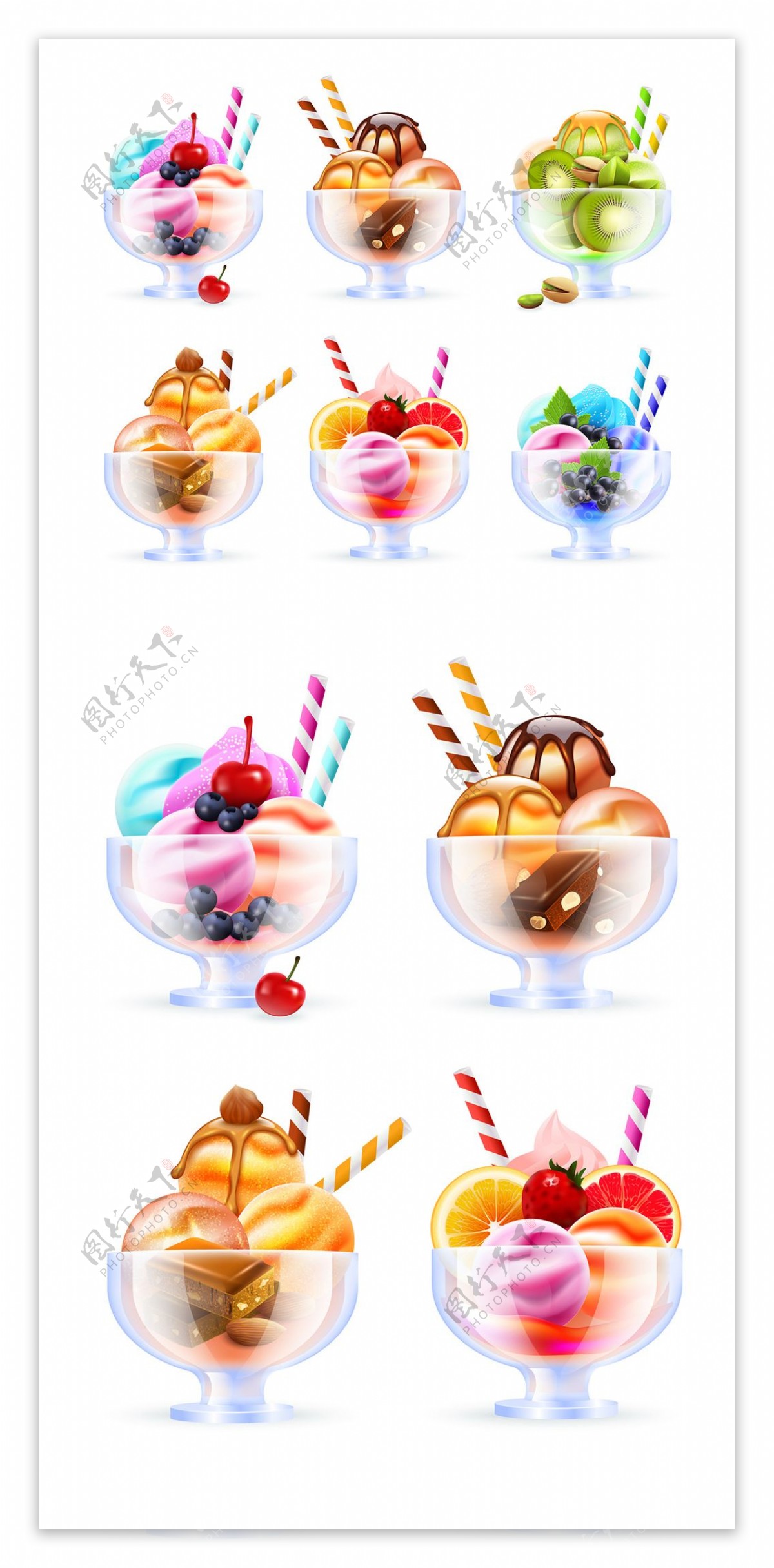 玻璃杯里的美味水果冰淇淋矢量素材