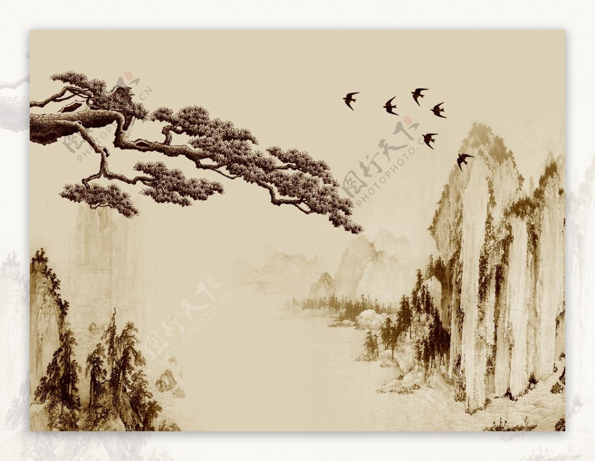 中式花玄关屏风背景底纹素材山水