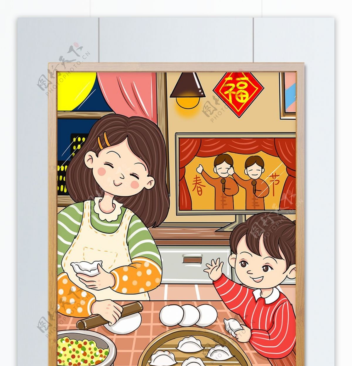 原创新年女孩和妈妈包饺子卡通插画