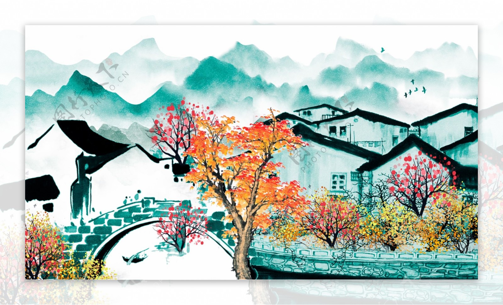 唯美中国复古水墨画色彩风景画水墨水彩插画