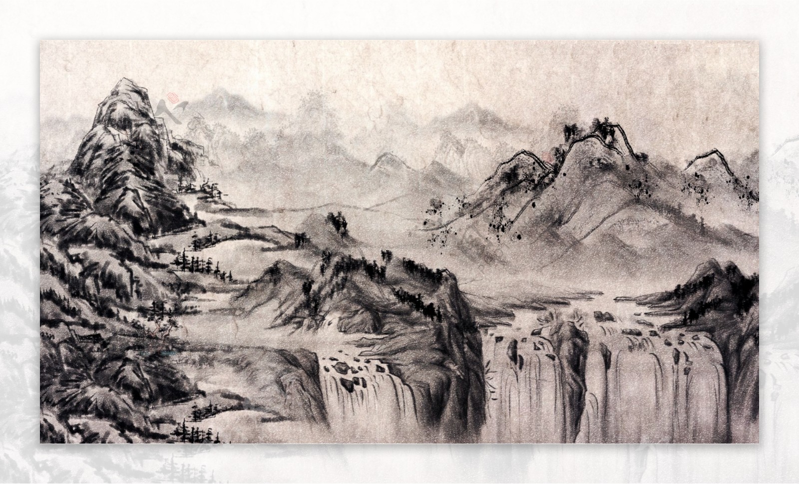 复古中国水墨画风景画中国水墨插画