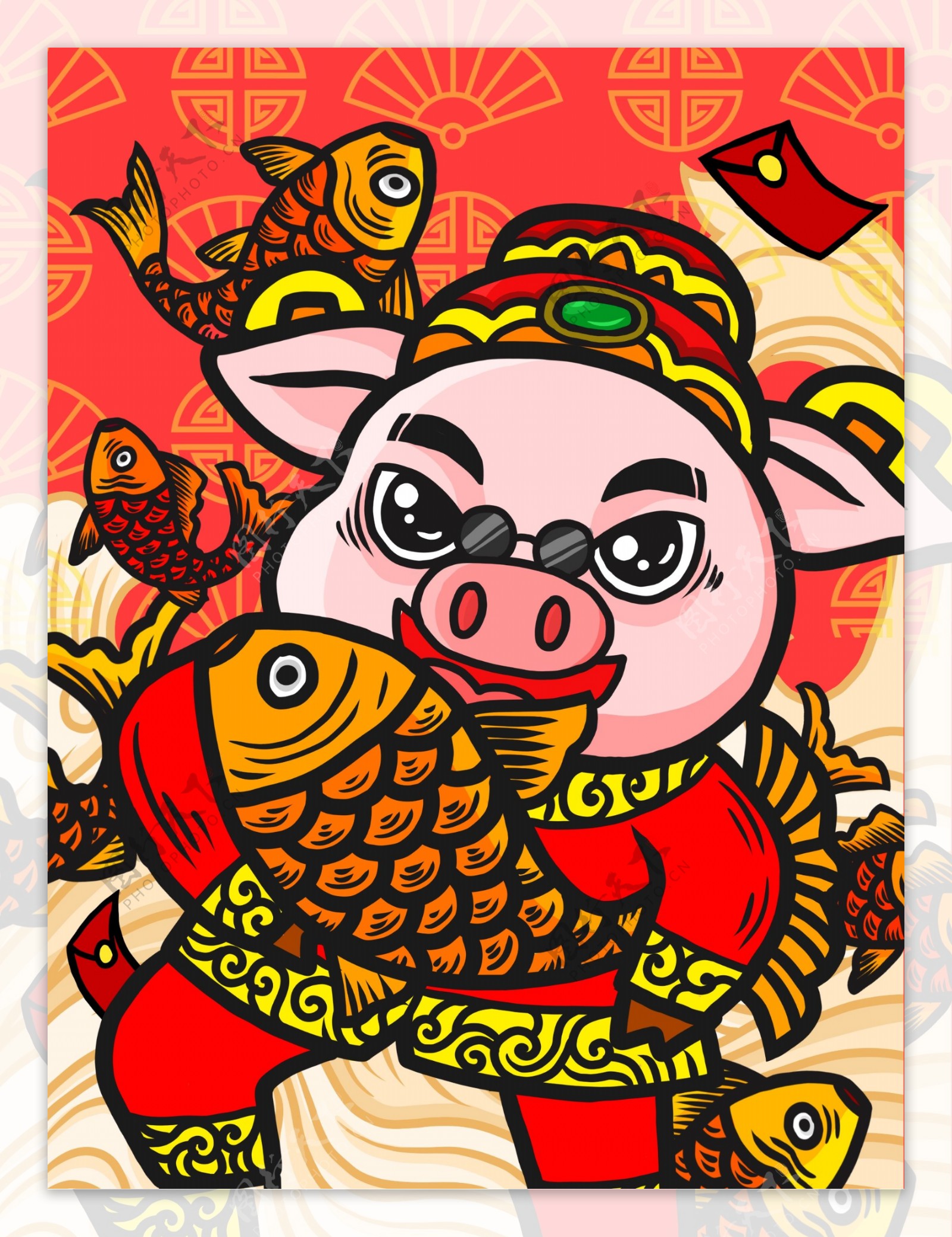 潮漫卡通猪年春节年年有鱼插画