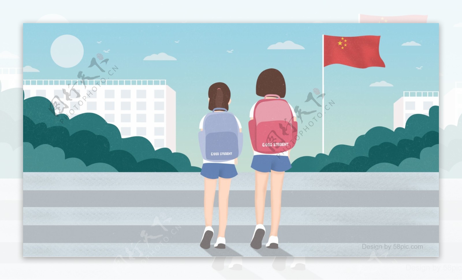 小清新9月开学季相约一起上学的女生插画