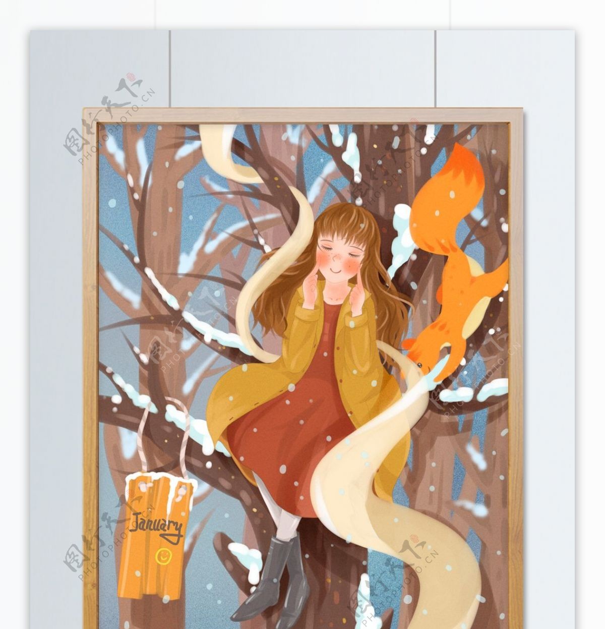 1月你好坐在大树上的女孩小清新原创插画