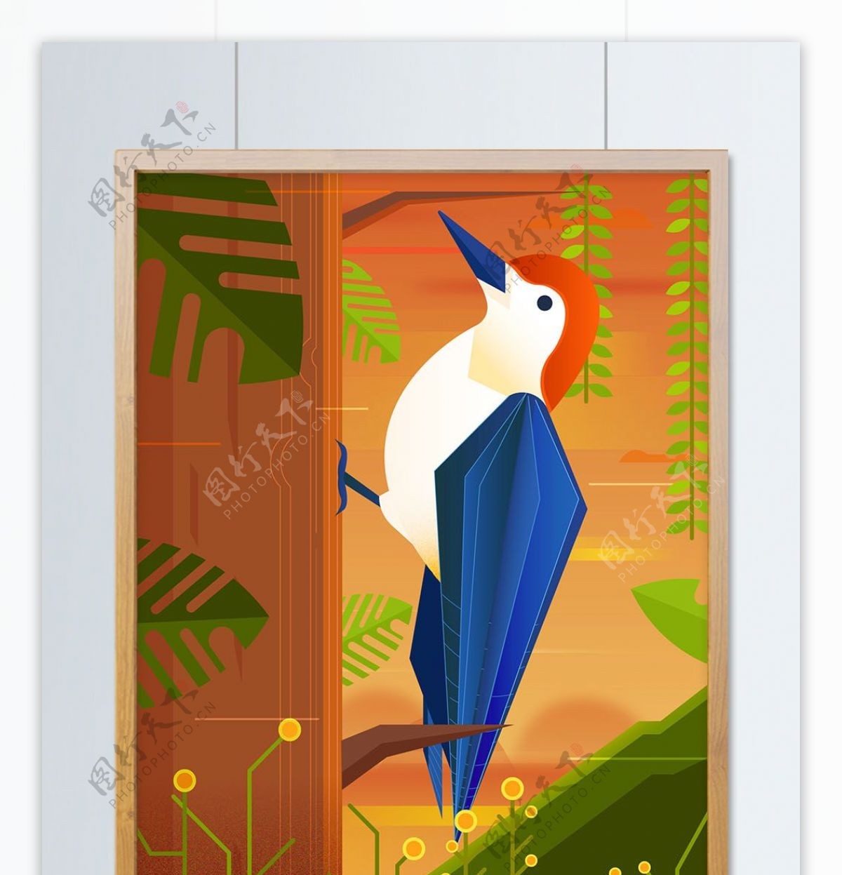 大自然动物森林黄昏下的啄木鸟矢量插画