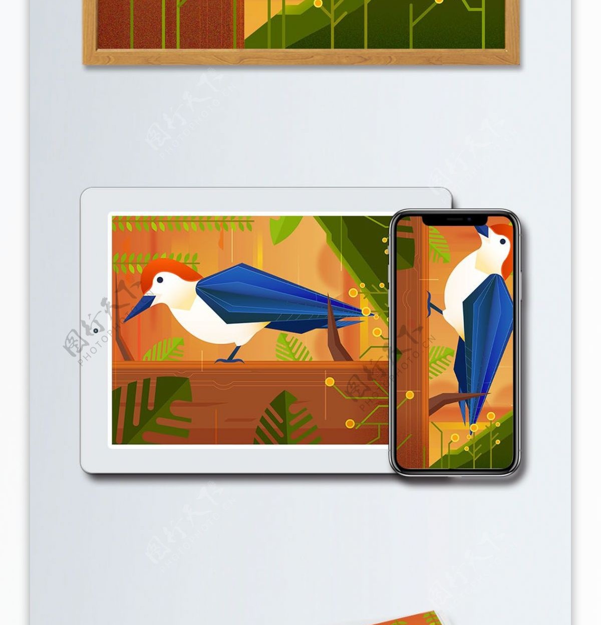 大自然动物森林黄昏下的啄木鸟矢量插画