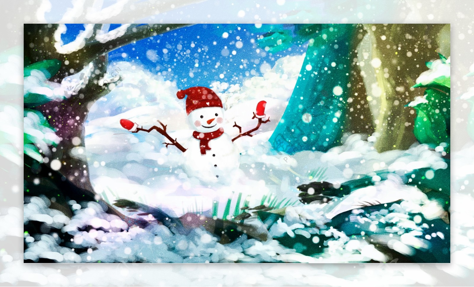 手绘冬天你好堆雪人冬天雪景立冬小雪插画