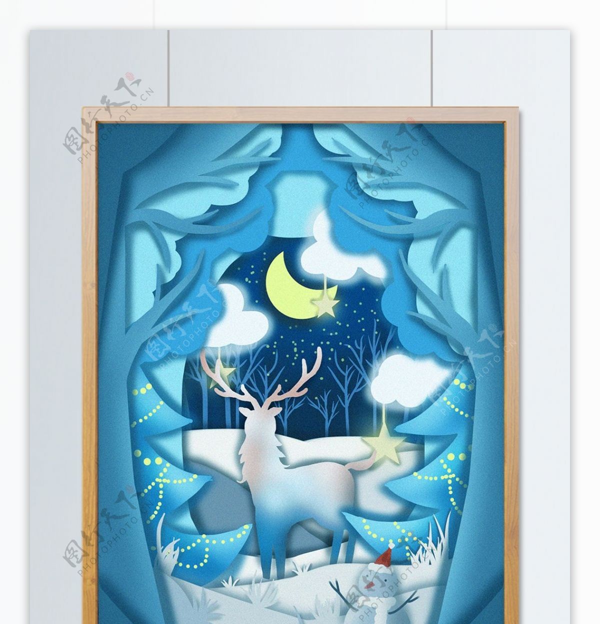 圣诞节之梦境中的鹿剪纸治愈风插画