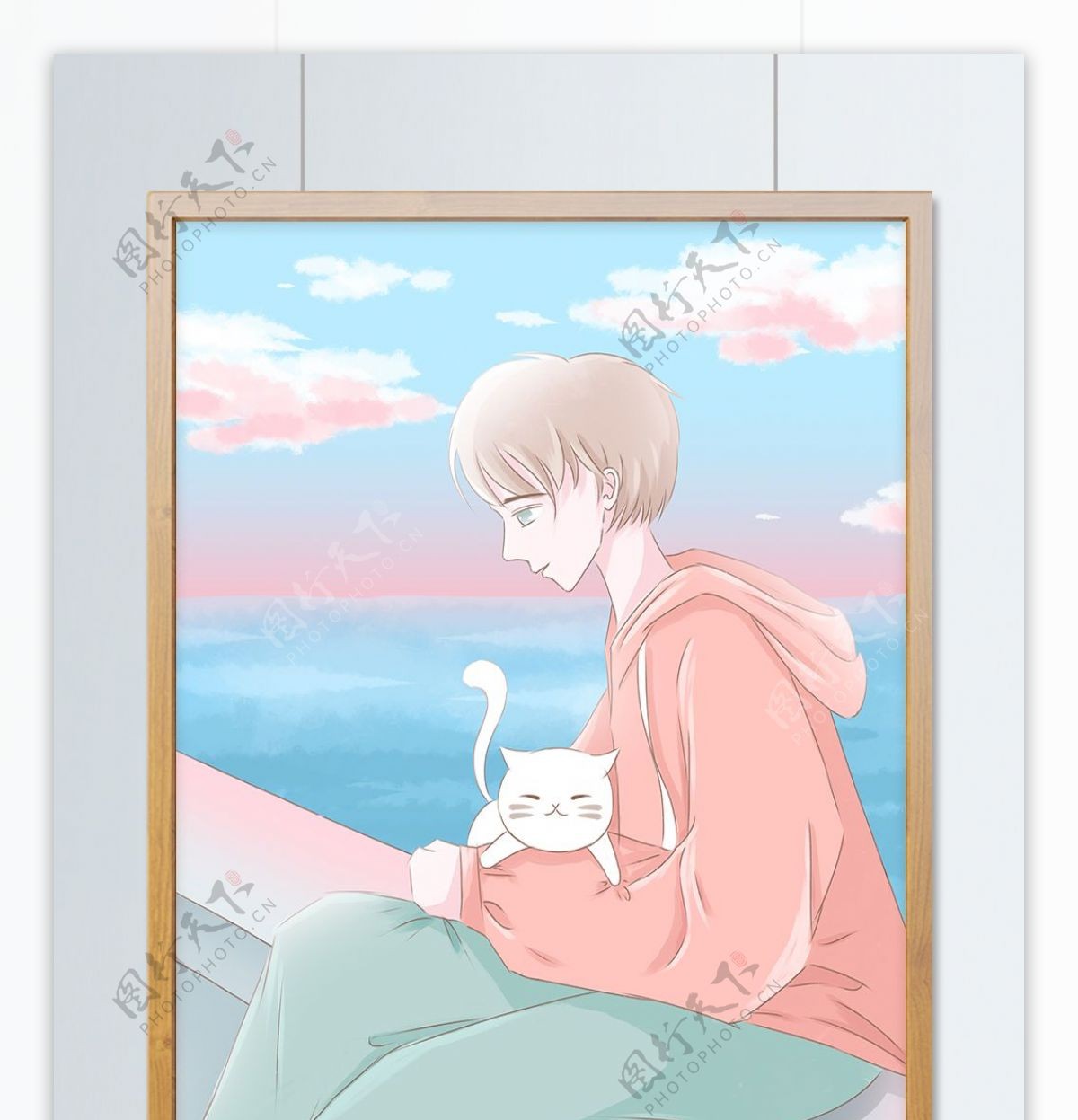 日漫风日常场景插画抱着小猫坐在桥边的男孩