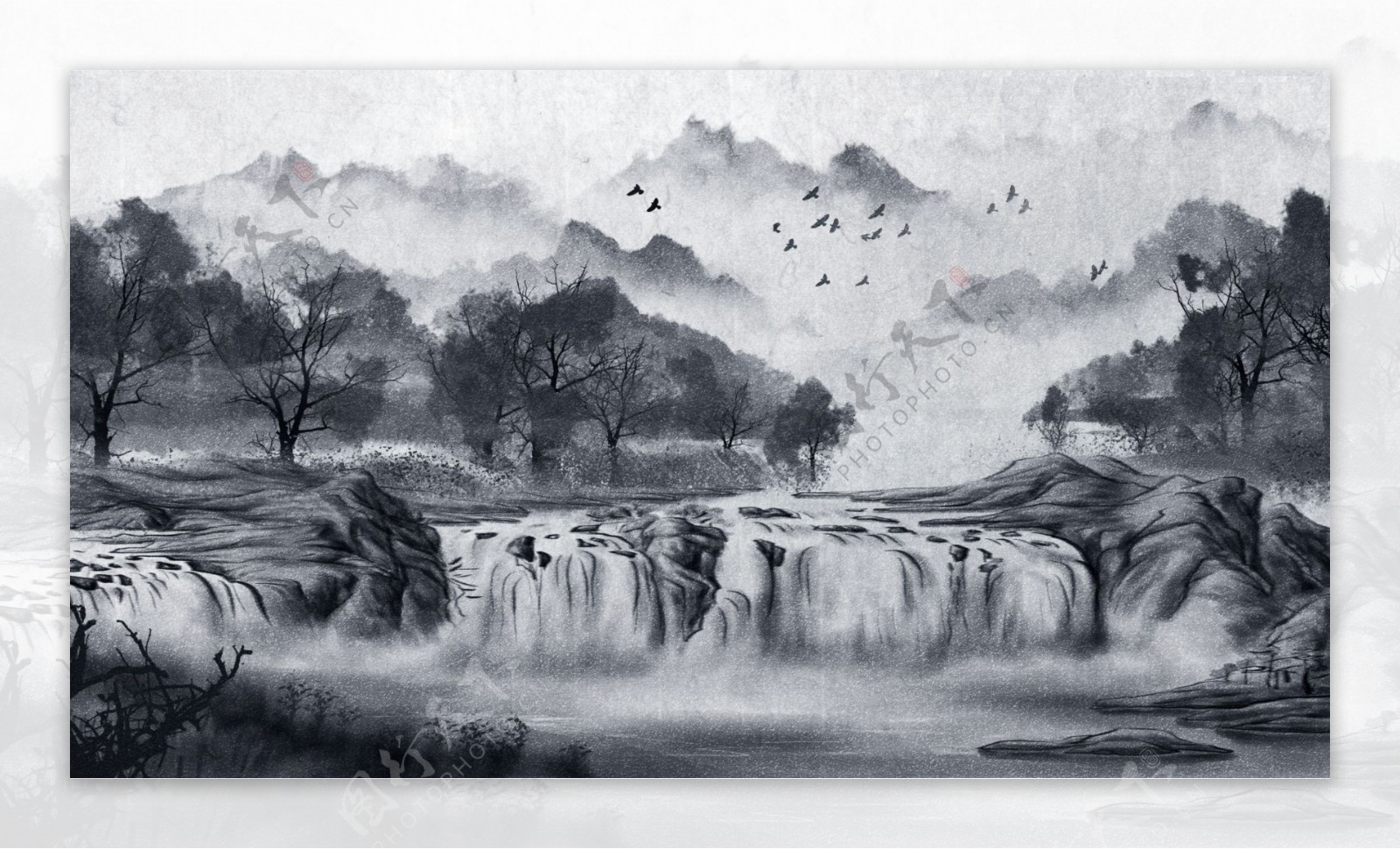 中国风复古水墨画风景画唯美中国水墨插画