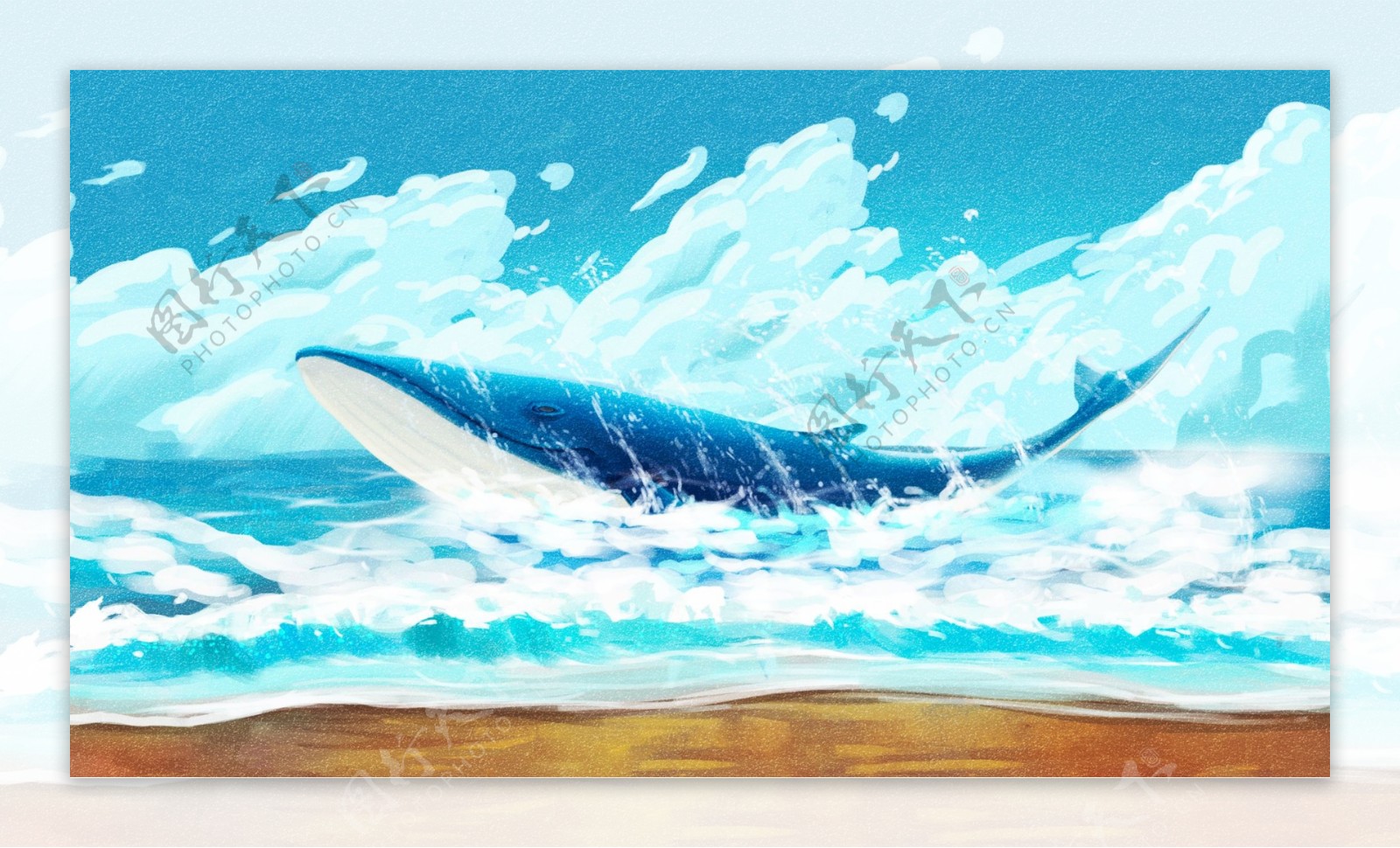 清新唯美梦幻鲸鱼治愈系海蓝时见鲸插画