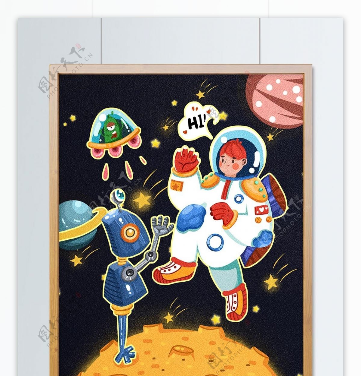 宇宙探险男孩和机器人打招呼复古插画