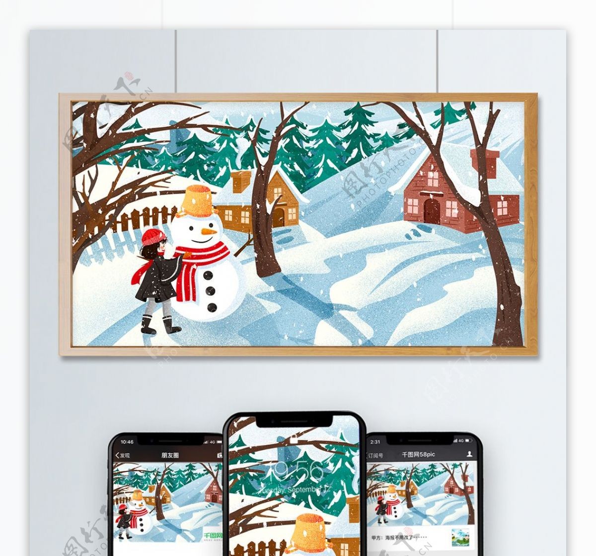 唯美雪地堆雪人女孩插画冬季雪景插画