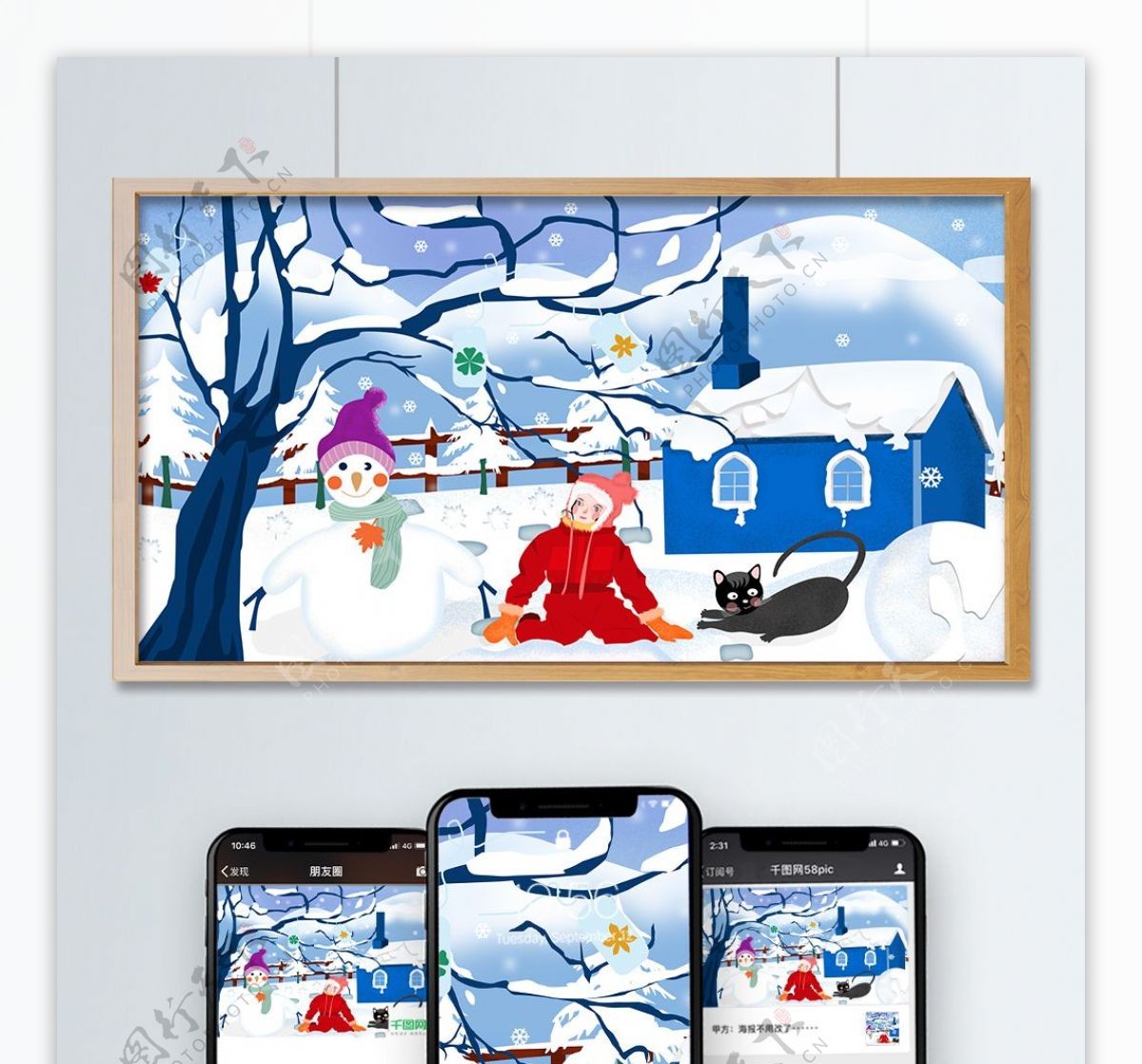 治愈系女孩与雪人猫咪唯美冬季雪景插画